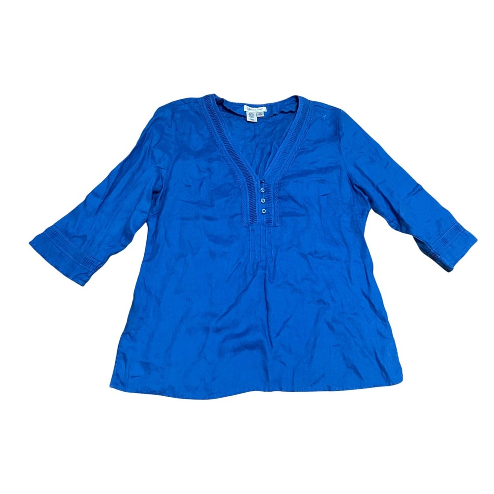 Coldwater Creek Women's XL Blue 100% Linen Pintuck V-Neck 3/4 Sleeve Tunic Top
